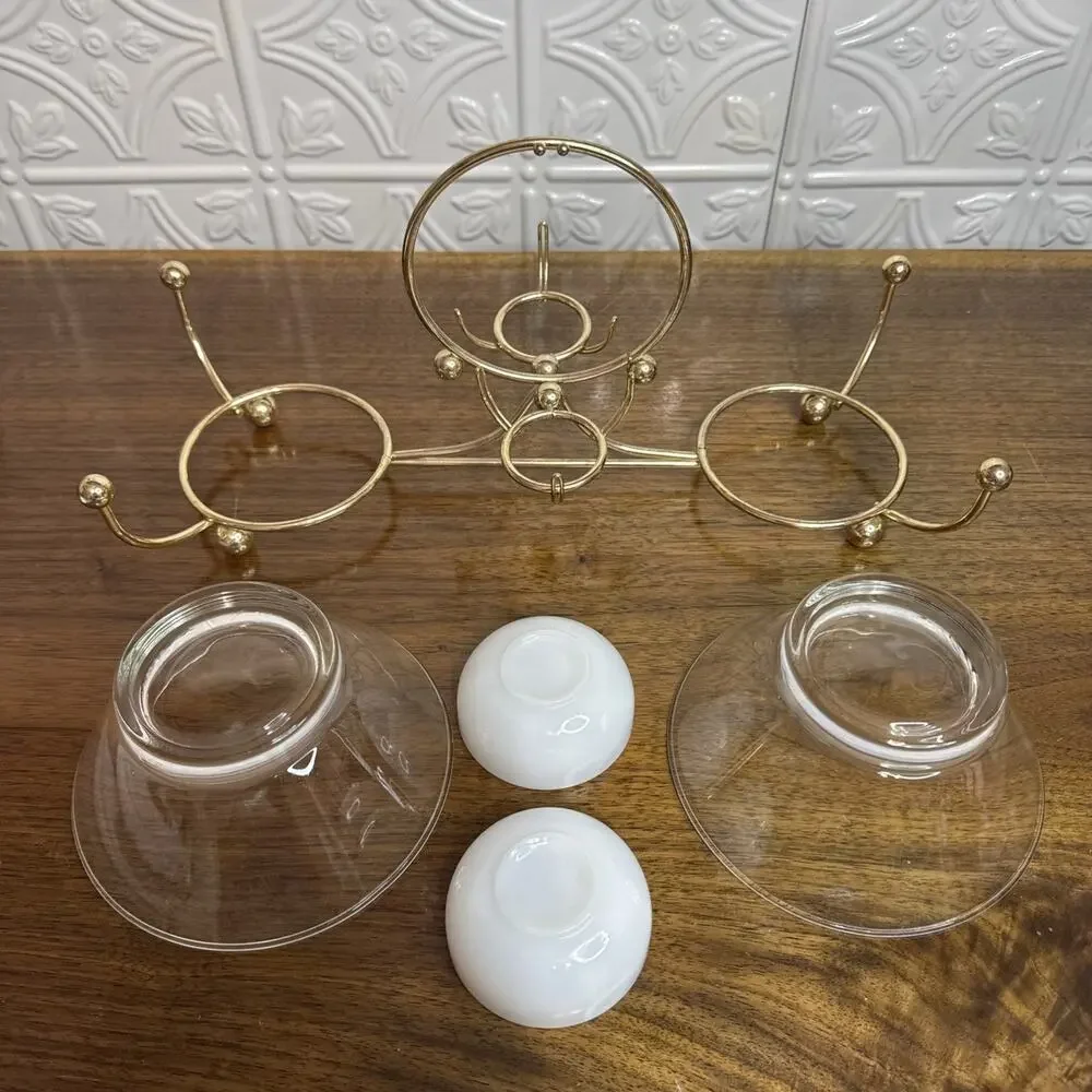 Vintage Libbey MCM Glass Gold Relish Condiment 4 Bowl Set Metal Gold tone Caddy